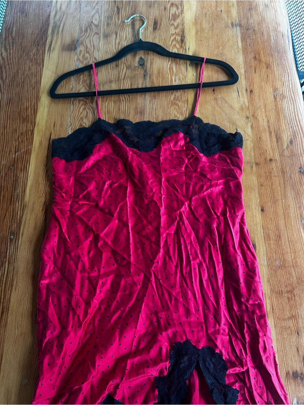 VINTAGE Victoria’s Secret Red Lace-Trim Slip Dress with Polka Dot Detail
